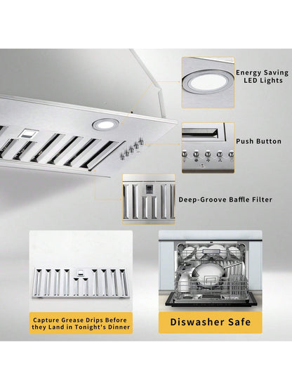 Range Hood Insert 20 Inch Stainless Steel With Baffle Filters, 600 CFM Built-In Kitchen Hood, Ducted/Ductless Convertible Vent Hood GU10 LED, 3 Speed Stove Exhaust Fan, Push Button Control