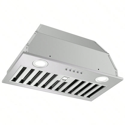 Range Hood Insert 20 Inch Stainless Steel With Baffle Filters, 600 CFM Built-In Kitchen Hood, Ducted/Ductless Convertible Vent Hood GU10 LED, 3 Speed Stove Exhaust Fan, Push Button Control