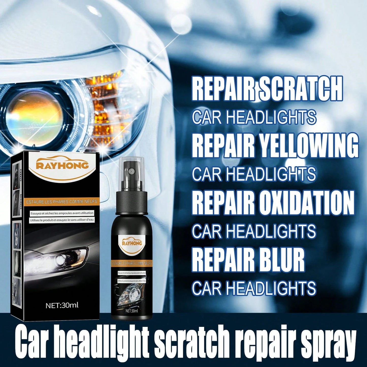 rayhong Headlight Repair, Universal Headlight Restoration Kit- Removes Yellowing And Scratches, Restores Clarity- Car Headlamp Polishing & Cleaning Solution For All Vehicle Types