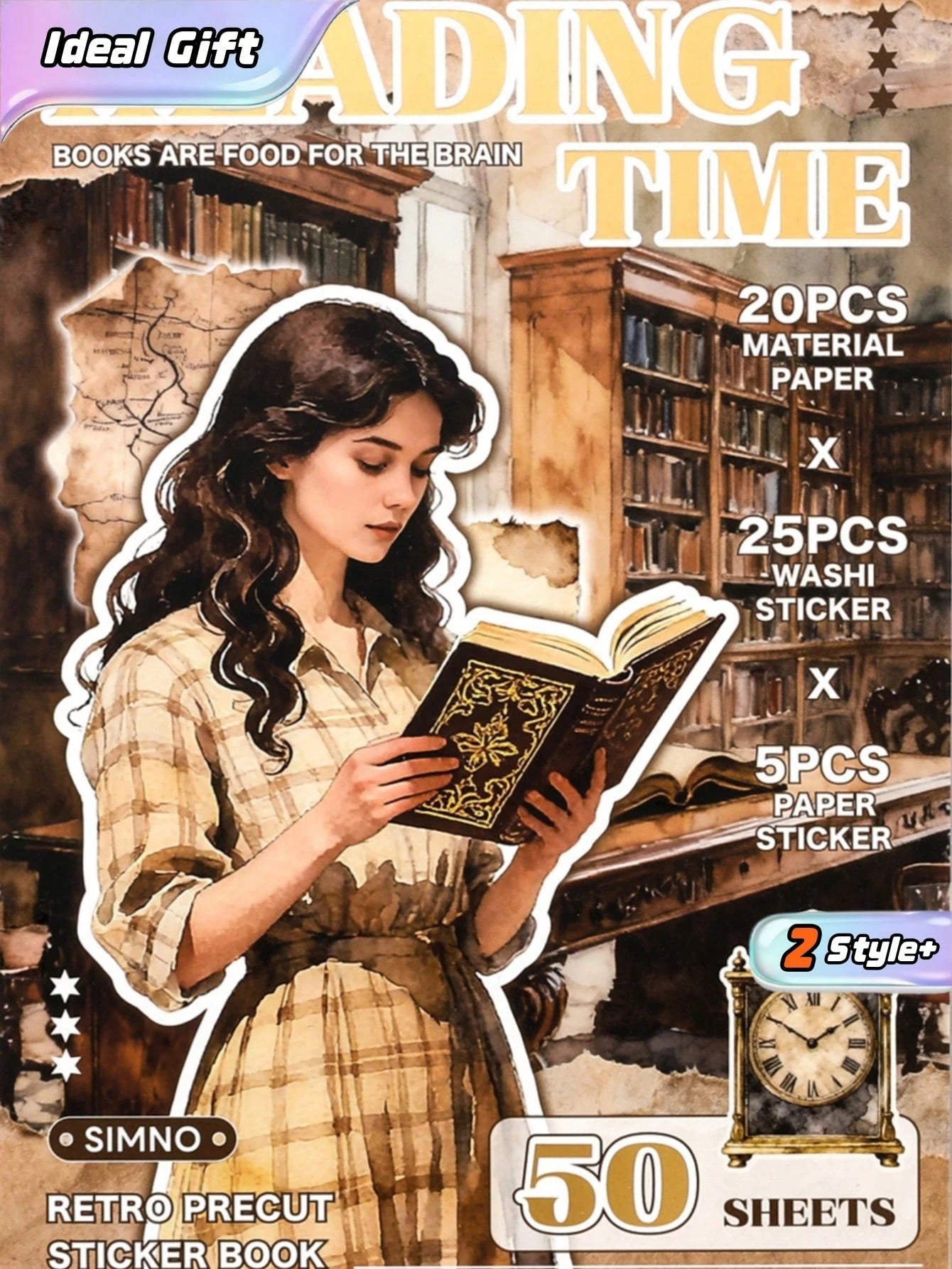 Reading Time Retro Precut Sticker Book, 50 Sheets With 20 Scrapbook Papers, 25 Washi Stickers And 5 Paper Stickers, Journaling Supplies Kit For Scrapbooking, Bullet Journals, Planners And DIY Crafts