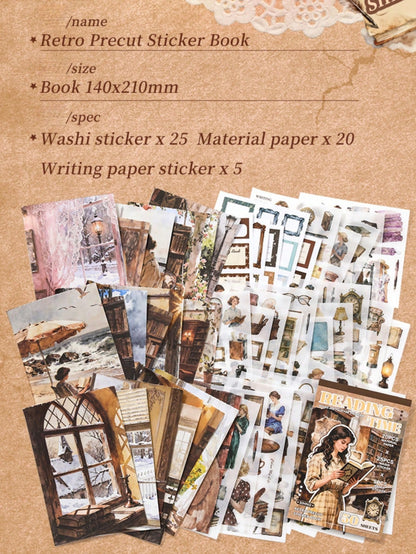 Reading Time Retro Precut Sticker Book, 50 Sheets With 20 Scrapbook Papers, 25 Washi Stickers And 5 Paper Stickers, Journaling Supplies Kit For Scrapbooking, Bullet Journals, Planners And DIY Crafts