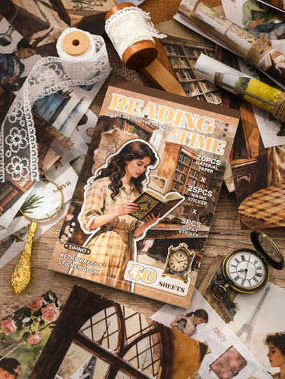 Reading Time Retro Precut Sticker Book, 50 Sheets With 20 Scrapbook Papers, 25 Washi Stickers And 5 Paper Stickers, Journaling Supplies Kit For Scrapbooking, Bullet Journals, Planners And DIY Crafts