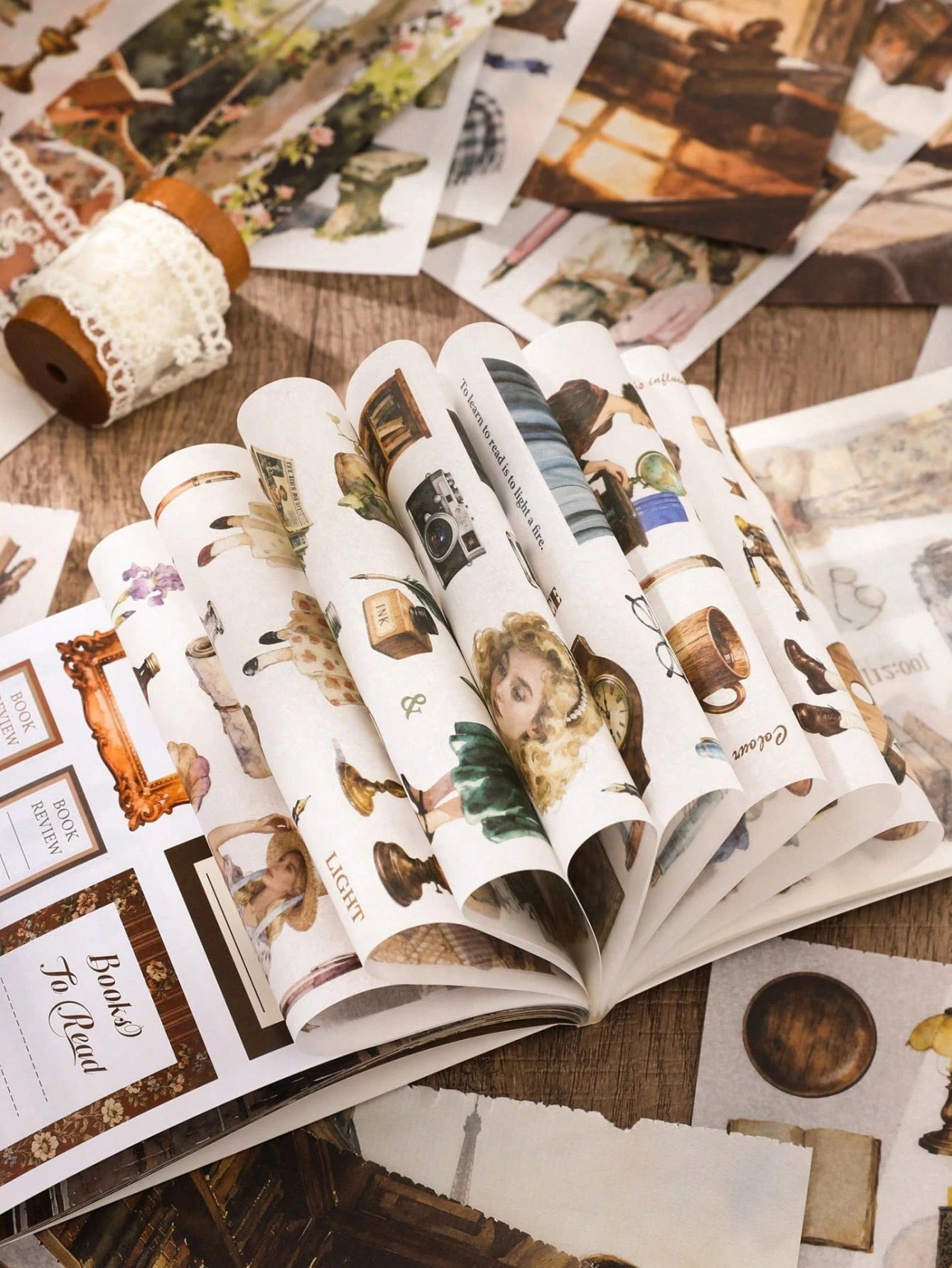 Reading Time Retro Precut Sticker Book, 50 Sheets With 20 Scrapbook Papers, 25 Washi Stickers And 5 Paper Stickers, Journaling Supplies Kit For Scrapbooking, Bullet Journals, Planners And DIY Crafts