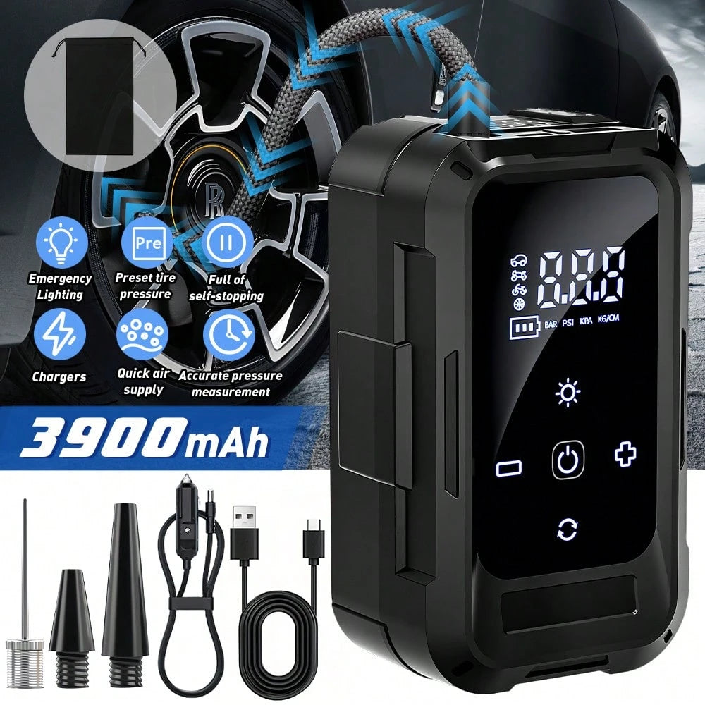 Rechargeable Tire Inflator Portable Air Compressor 60W 20L/Min 140PSI Cordless Car Pump With Digital Display Preset Pressure Auto Shut-Off & LED Light For Vehicle Motorcycle Bike Ball