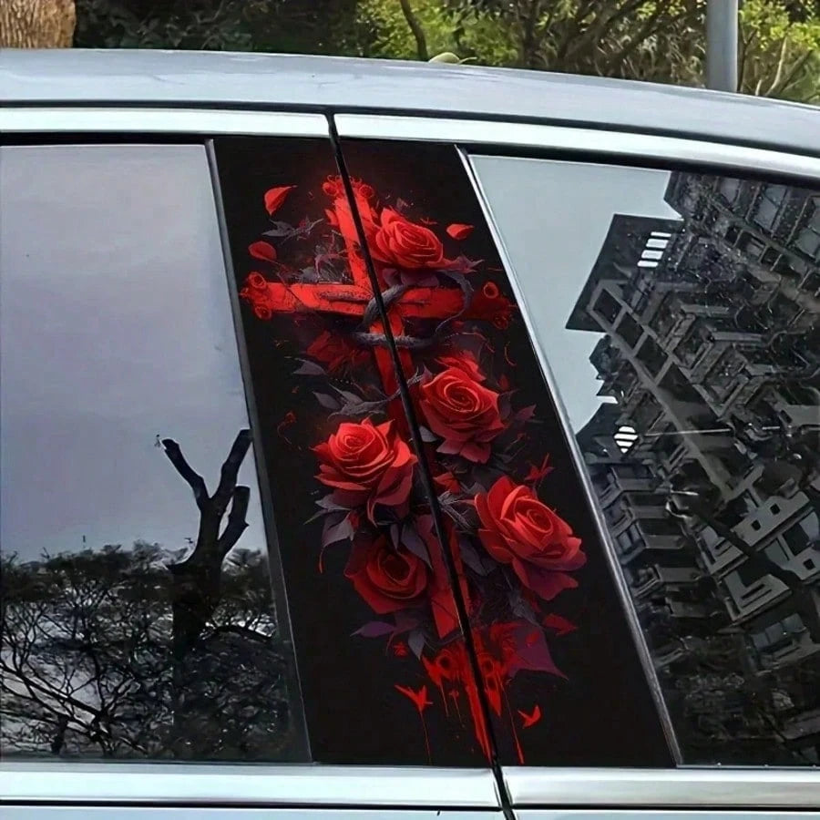 Red Rose Cross Pattern Glossy Car Sticker, For Vehicle Decoration, B-Pillar Protective Film Decal