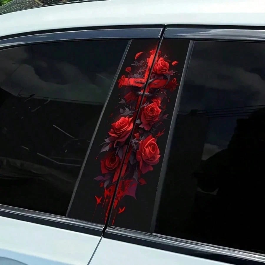 Red Rose Cross Pattern Glossy Car Sticker, For Vehicle Decoration, B-Pillar Protective Film Decal