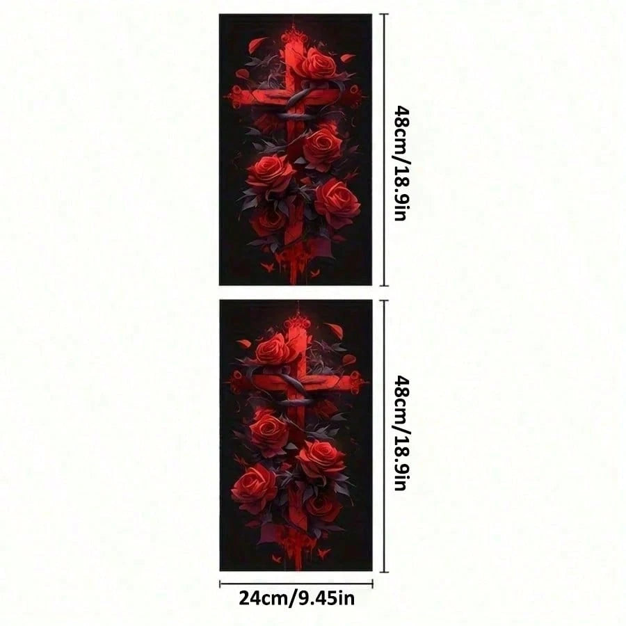 Red Rose Cross Pattern Glossy Car Sticker, For Vehicle Decoration, B-Pillar Protective Film Decal