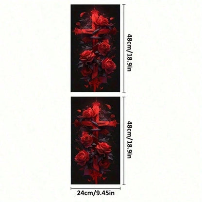 Red Rose Cross Pattern Glossy Car Sticker, For Vehicle Decoration, B-Pillar Protective Film Decal