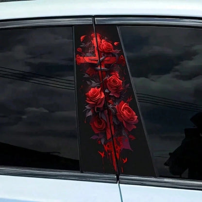 Red Rose Cross Pattern Glossy Car Sticker, For Vehicle Decoration, B-Pillar Protective Film Decal