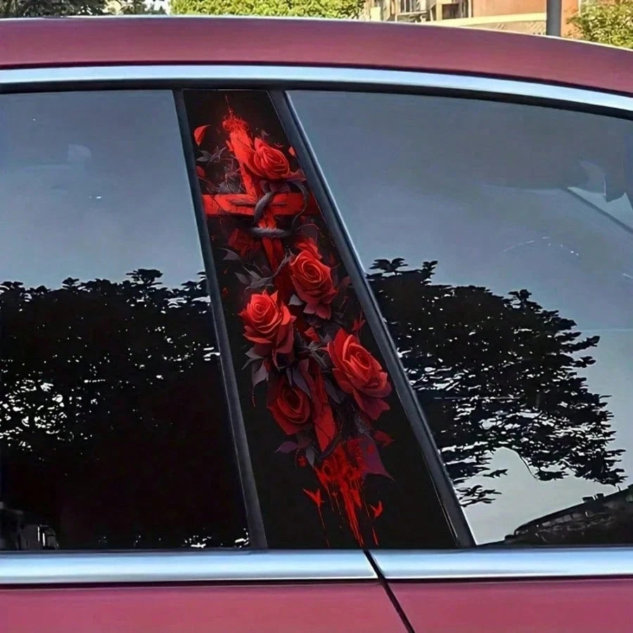 Red Rose Cross Pattern Glossy Car Sticker, For Vehicle Decoration, B-Pillar Protective Film Decal