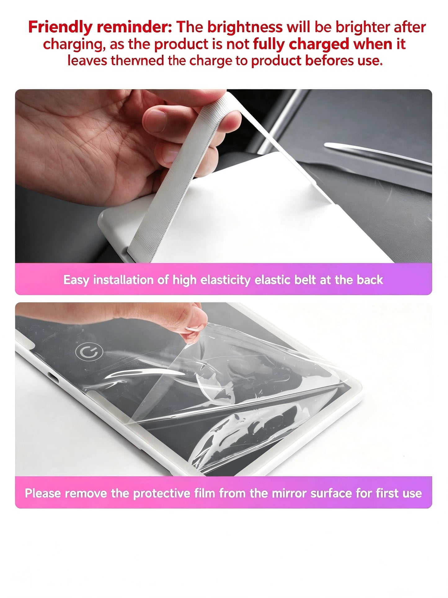 Reletech Fccemc Ultra-Thin LED Car Vanity Mirror, High Definition Sun Visor Hanging Mirror, USB Rechargeable, Dimmable Touch Screen, Car Interior Makeup Mirror For Women