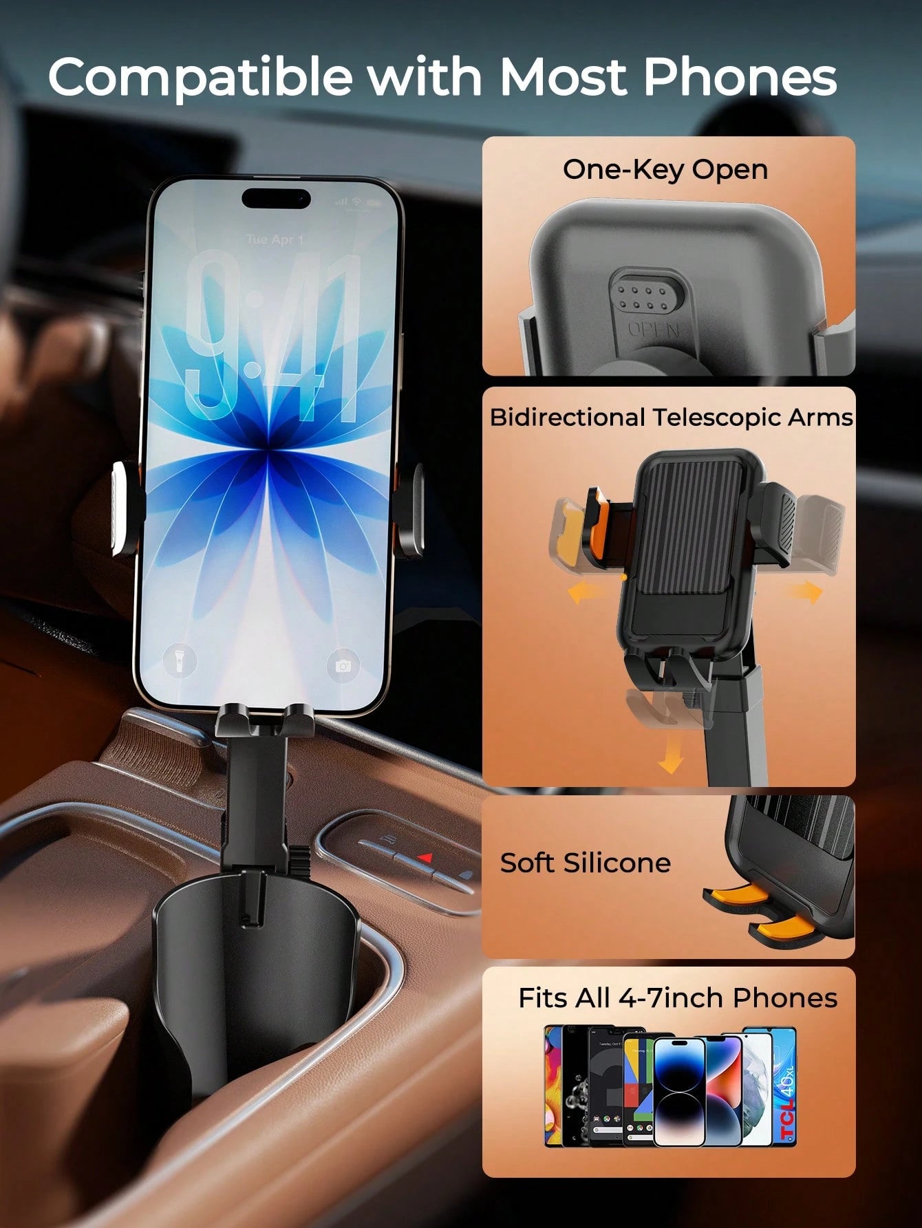 REMAX 2-In-1 Car Cup Holder Extender, Universal Adjustable Cup Holder, Quick 1 Second Installation, Adjustable Height And Angle, Fits 7.5-10cm Cups, Non-Slip Retractable Car Accessory For Car, Treadmi