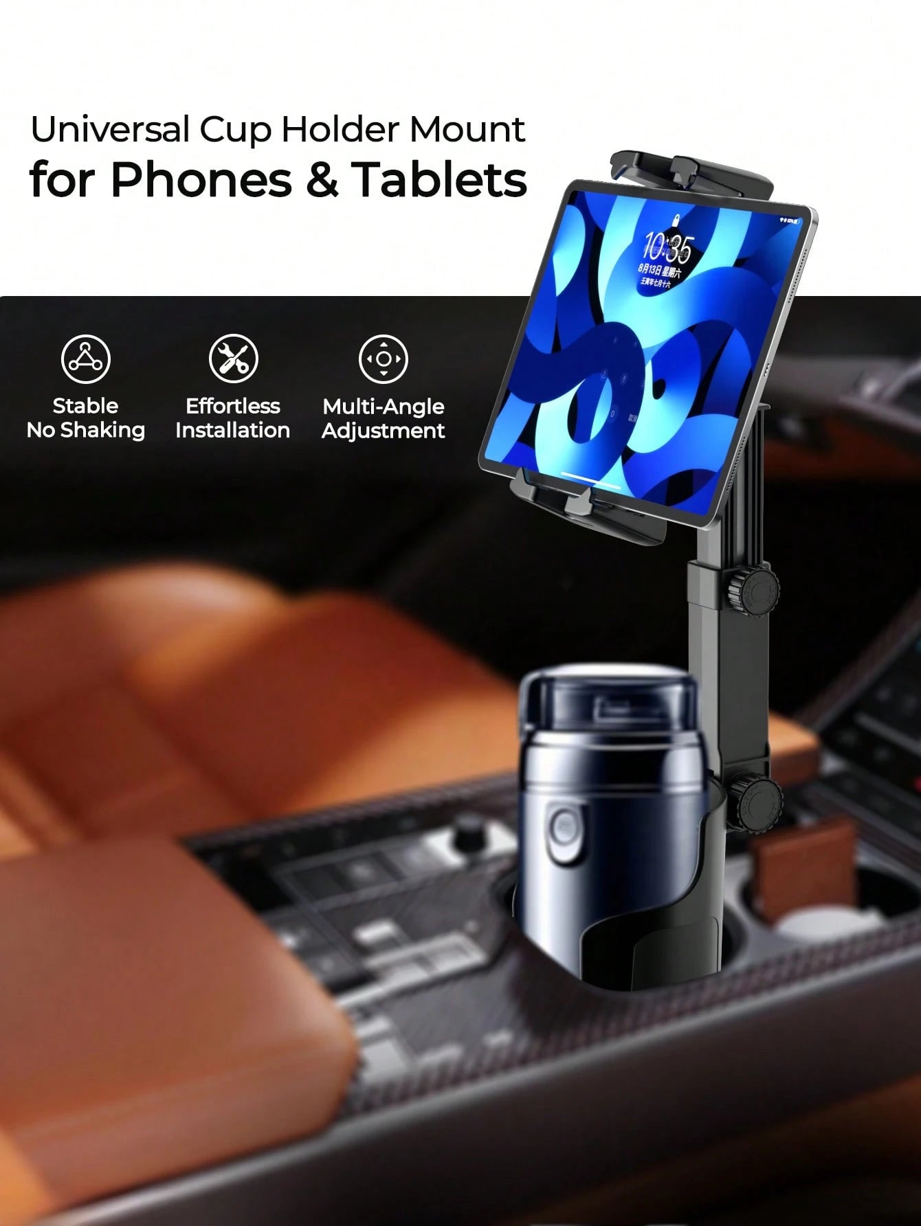 REMAX 4.7-9.4 Inch Phone/Tablet Cup Holder, Multi-Angle & Height Adjustable, Stable Non-Slip, Fits 7.5cm-10cm Cup Bottom, 360° Rotation, 1-Second Installation, Extendable Car Accessory, Car Organizer