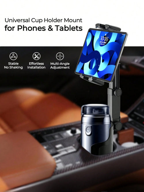 REMAX 4.7-9.4 Inch Phone/Tablet Cup Holder, Multi-Angle & Height Adjustable, Stable Non-Slip, Fits 7.5cm-10cm Cup Bottom, 360° Rotation, 1-Second Installation, Extendable Car Accessory, Car Organizer