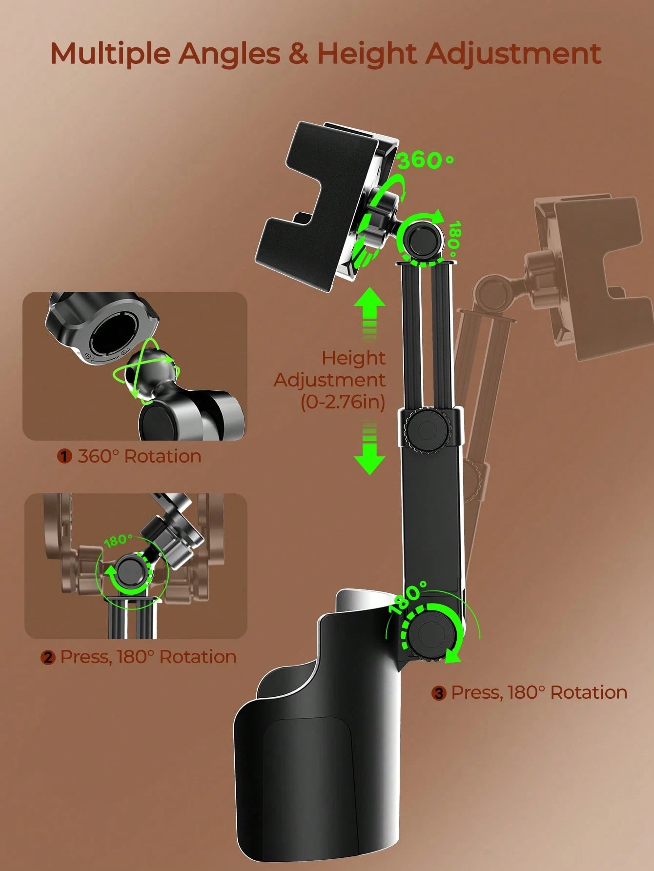REMAX 4.7-9.4 Inch Phone/Tablet Cup Holder, Multi-Angle & Height Adjustable, Stable Non-Slip, Fits 7.5cm-10cm Cup Bottom, 360° Rotation, 1-Second Installation, Extendable Car Accessory, Car Organizer