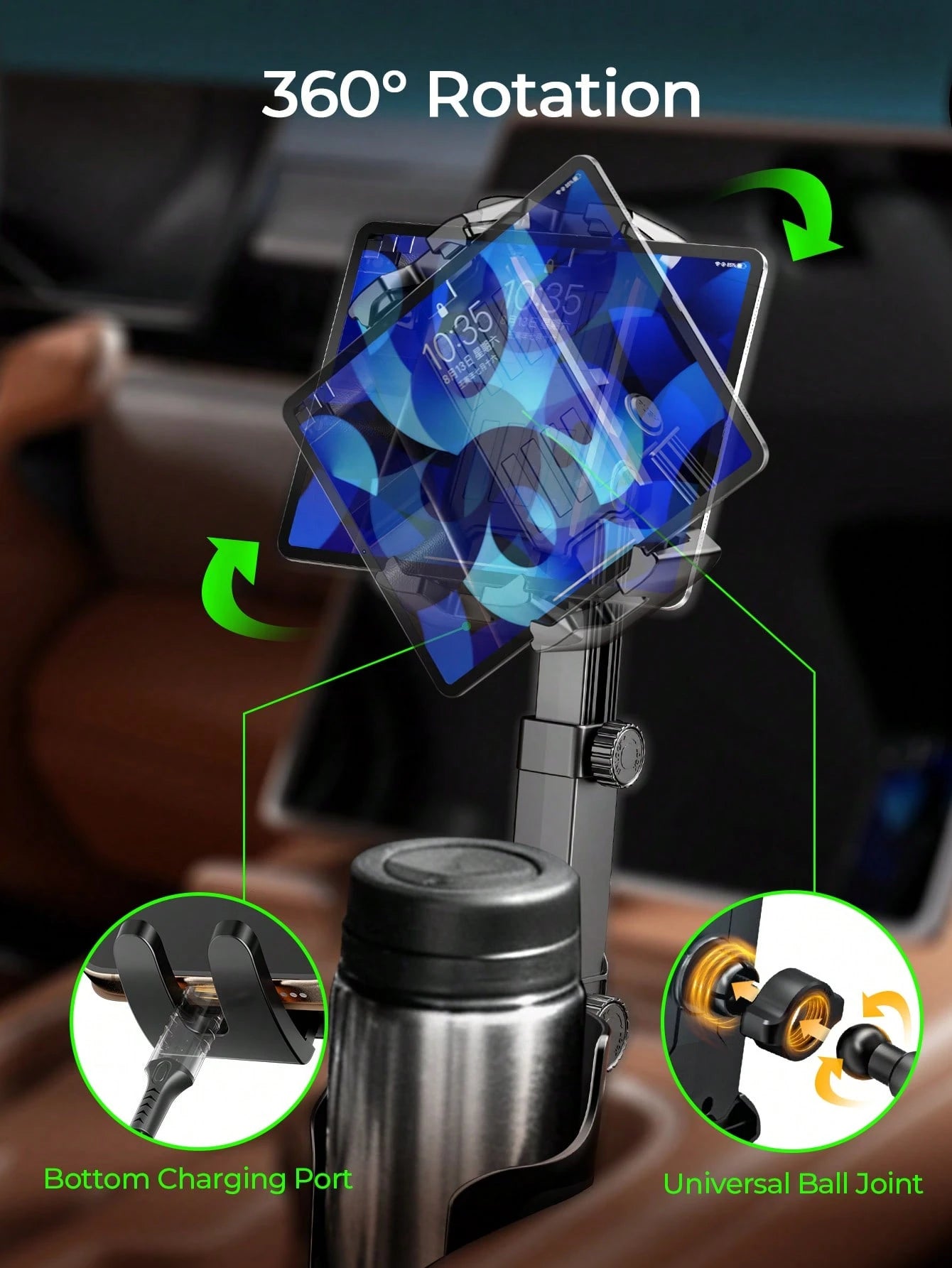 REMAX 4.7-9.4 Inch Phone/Tablet Cup Holder, Multi-Angle & Height Adjustable, Stable Non-Slip, Fits 7.5cm-10cm Cup Bottom, 360° Rotation, 1-Second Installation, Extendable Car Accessory, Car Organizer
