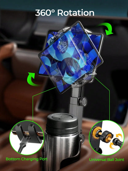 REMAX 4.7-9.4 Inch Phone/Tablet Cup Holder, Multi-Angle & Height Adjustable, Stable Non-Slip, Fits 7.5cm-10cm Cup Bottom, 360° Rotation, 1-Second Installation, Extendable Car Accessory, Car Organizer