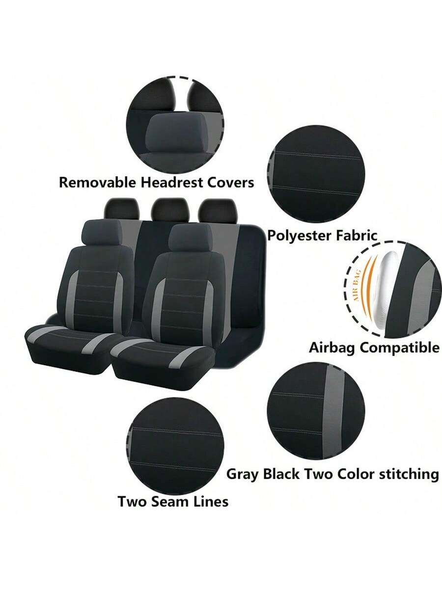 REMAX 9pcs Polyester Fabric Car Seat Covers, Compatible With Airbags, Universal Fit Seat Cushions, Car Accessories, New Design For Women
