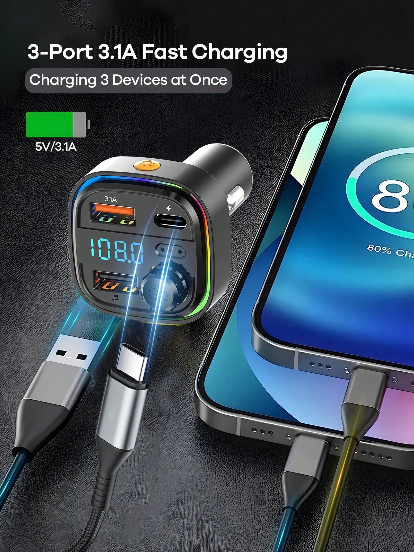 REMAX Bluetooth Car Charger With RGB Ambient Light; 3-Port Fast Charging; USB-C Charger; Built-In Microphone For Music/Call/Navigation; Bluetooth 5.3 Auto Reconnect; Dual Bluetooth/USB Mode; Essential