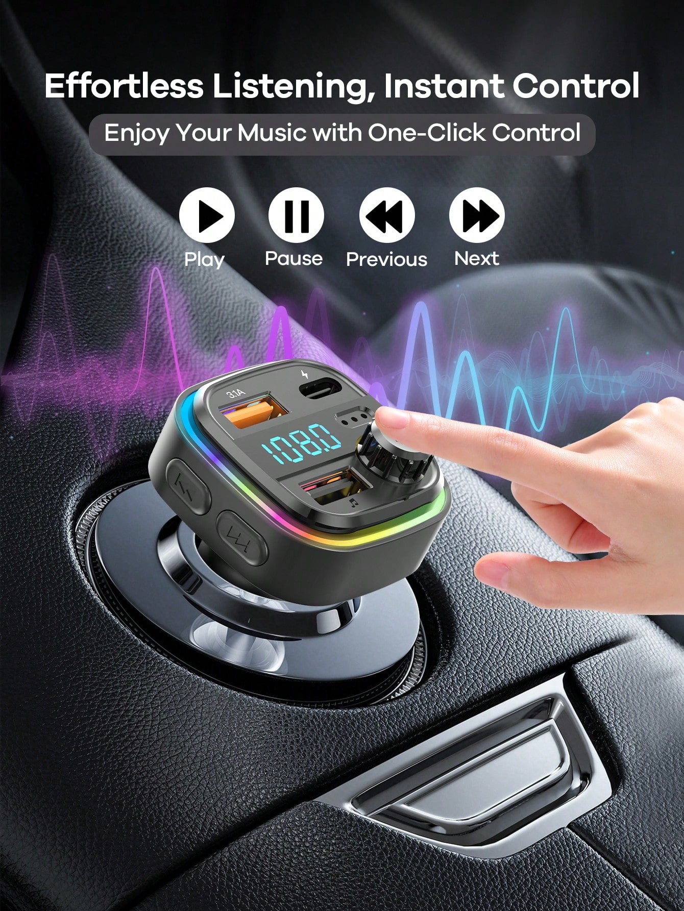 REMAX Bluetooth Car Charger With RGB Ambient Light; 3-Port Fast Charging; USB-C Charger; Built-In Microphone For Music/Call/Navigation; Bluetooth 5.3 Auto Reconnect; Dual Bluetooth/USB Mode; Essential
