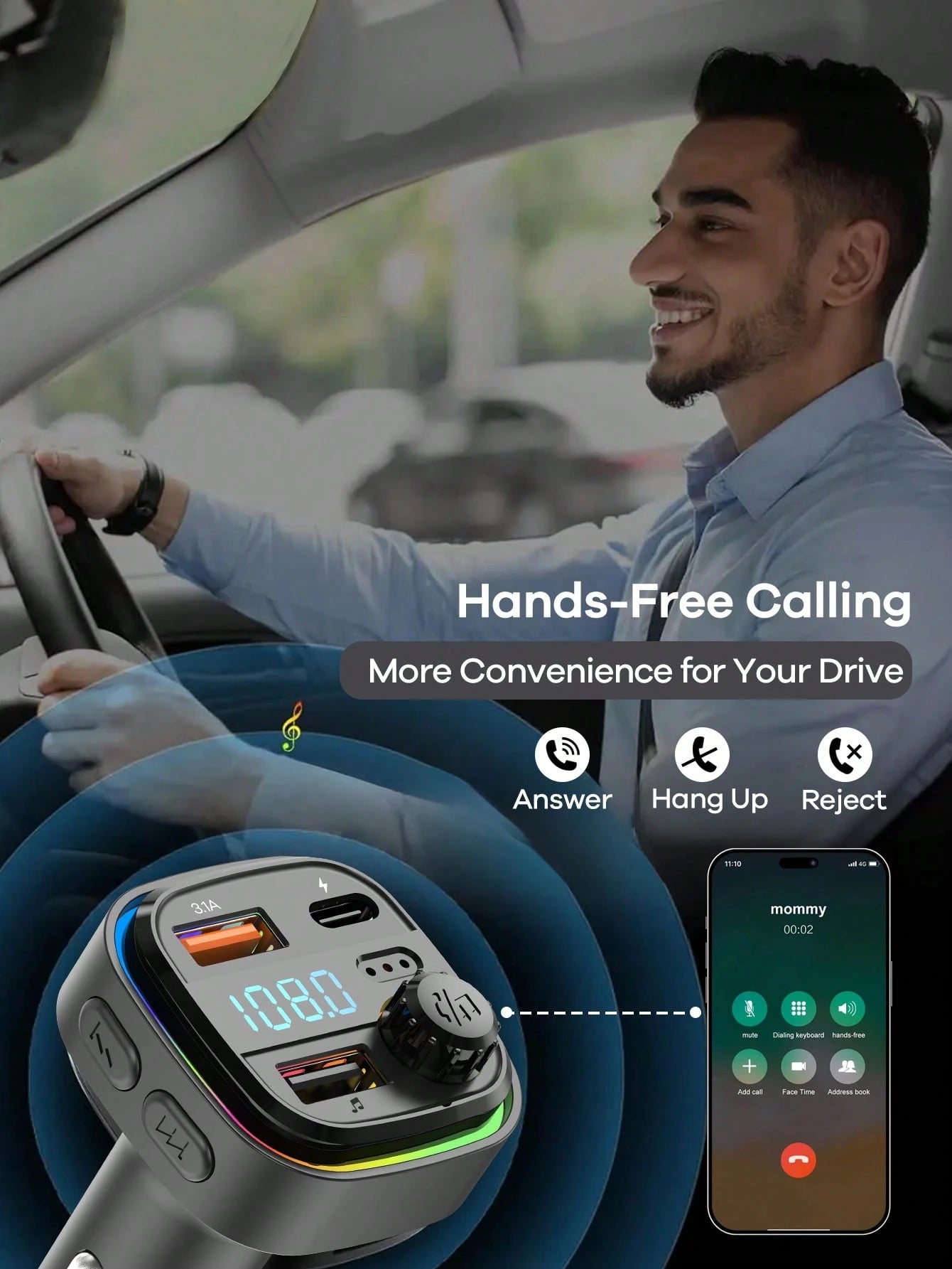 REMAX Bluetooth Car Charger With RGB Ambient Light; 3-Port Fast Charging; USB-C Charger; Built-In Microphone For Music/Call/Navigation; Bluetooth 5.3 Auto Reconnect; Dual Bluetooth/USB Mode; Essential