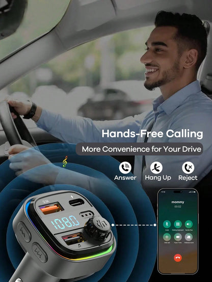 REMAX Bluetooth Car Charger With RGB Ambient Light; 3-Port Fast Charging; USB-C Charger; Built-In Microphone For Music/Call/Navigation; Bluetooth 5.3 Auto Reconnect; Dual Bluetooth/USB Mode; Essential