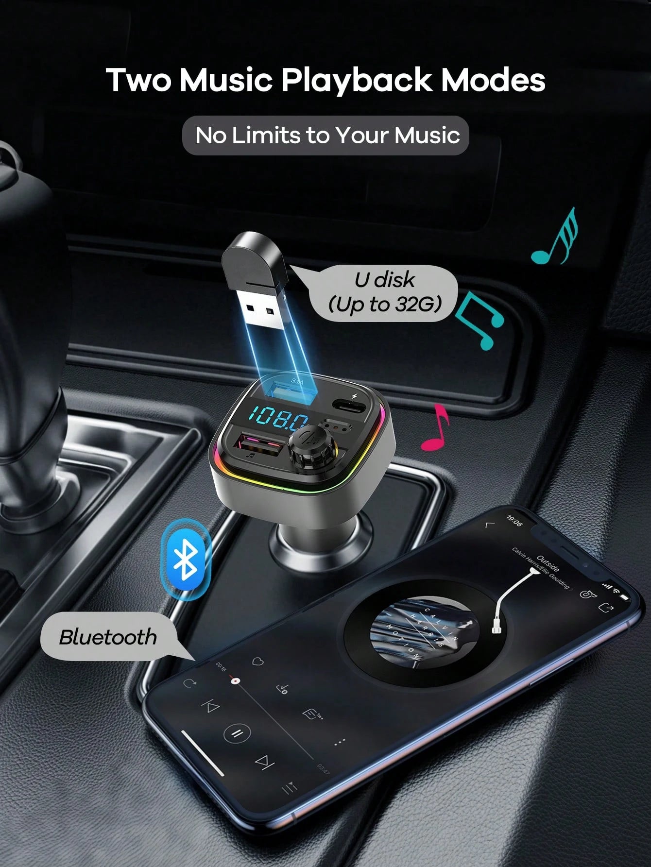 REMAX Bluetooth Car Charger With RGB Ambient Light; 3-Port Fast Charging; USB-C Charger; Built-In Microphone For Music/Call/Navigation; Bluetooth 5.3 Auto Reconnect; Dual Bluetooth/USB Mode; Essential