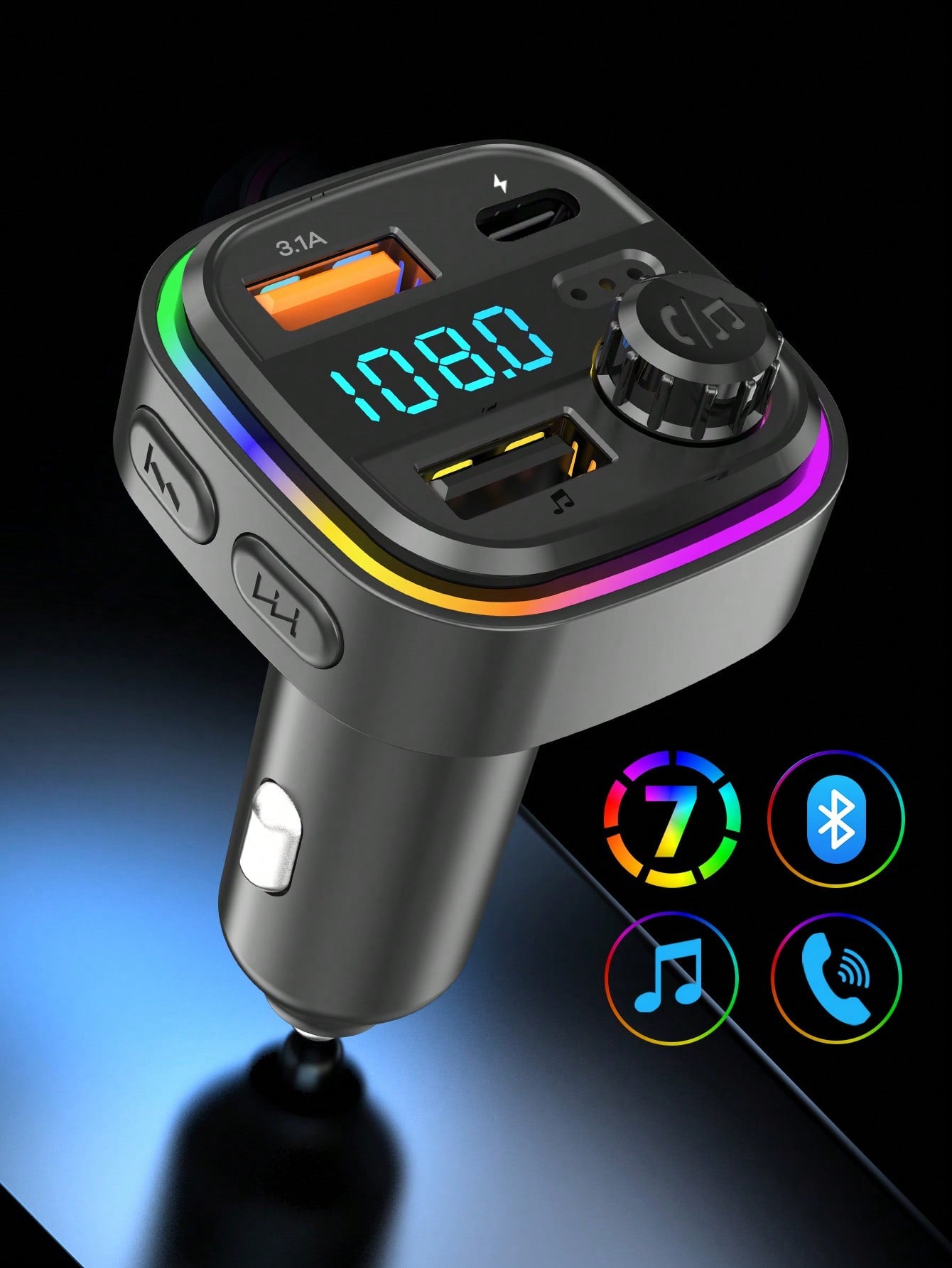 REMAX Bluetooth Car Charger With RGB Ambient Light; 3-Port Fast Charging; USB-C Charger; Built-In Microphone For Music/Call/Navigation; Bluetooth 5.3 Auto Reconnect; Dual Bluetooth/USB Mode; Essential