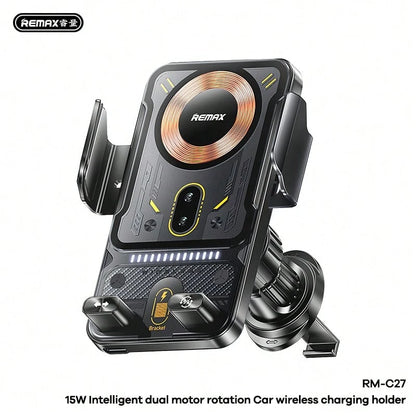 REMAX RM-C27 Smart Car Phone Holder Features 15W Wireless Fast Charging, Infrared Auto-Clamp, And Dual-Motor Rotation, Perfect For Navigation, Commuting, And Travel, Making It A Practical Ramadan Or E