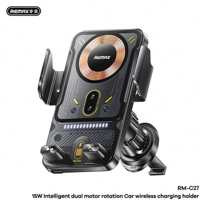 REMAX RM-C27 Smart Car Phone Holder Features 15W Wireless Fast Charging, Infrared Auto-Clamp, And Dual-Motor Rotation, Perfect For Navigation, Commuting, And Travel, Making It A Practical Ramadan Or E
