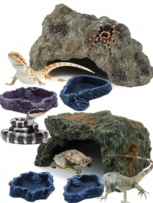 Reptile Rock Hideaway, Feeding Dish, Mane Lion Lizard, Gecko, Snake Habitat, Suitable For Glass Aquarium, Terrarium, Feeding Bowl Decor, Applicable For: Lizard, Turtle, Reptile, Amphibian, Fish