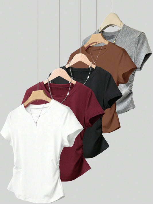 Resyla 5pcs/Set Women's Casual Waist Ruched Short Sleeve T-Shirts, Summer Design For Any Occasion,White And Brown,Burgundy,Black,Gray,Outdoor Wear