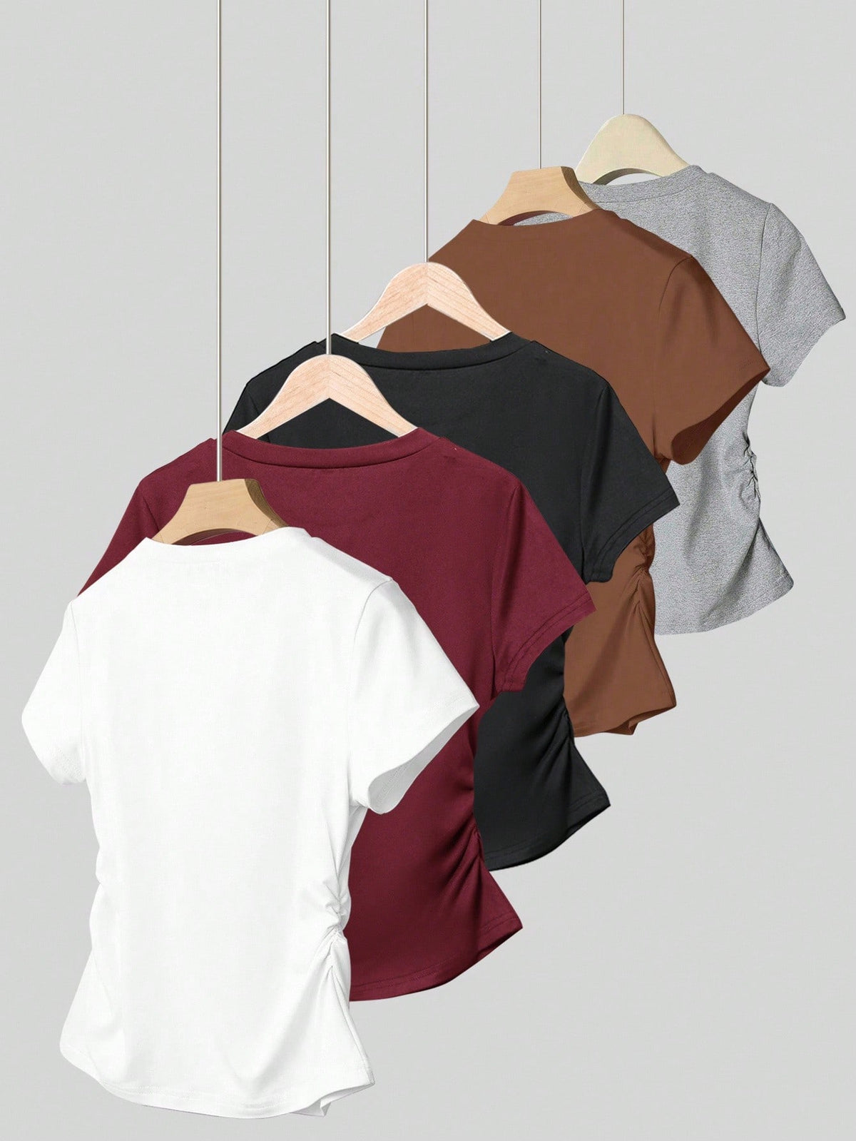 Resyla 5pcs/Set Women's Casual Waist Ruched Short Sleeve T-Shirts, Summer Design For Any Occasion,White And Brown,Burgundy,Black,Gray,Outdoor Wear