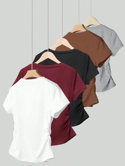 Resyla 5pcs/Set Women's Casual Waist Ruched Short Sleeve T-Shirts, Summer Design For Any Occasion,White And Brown,Burgundy,Black,Gray,Outdoor Wear