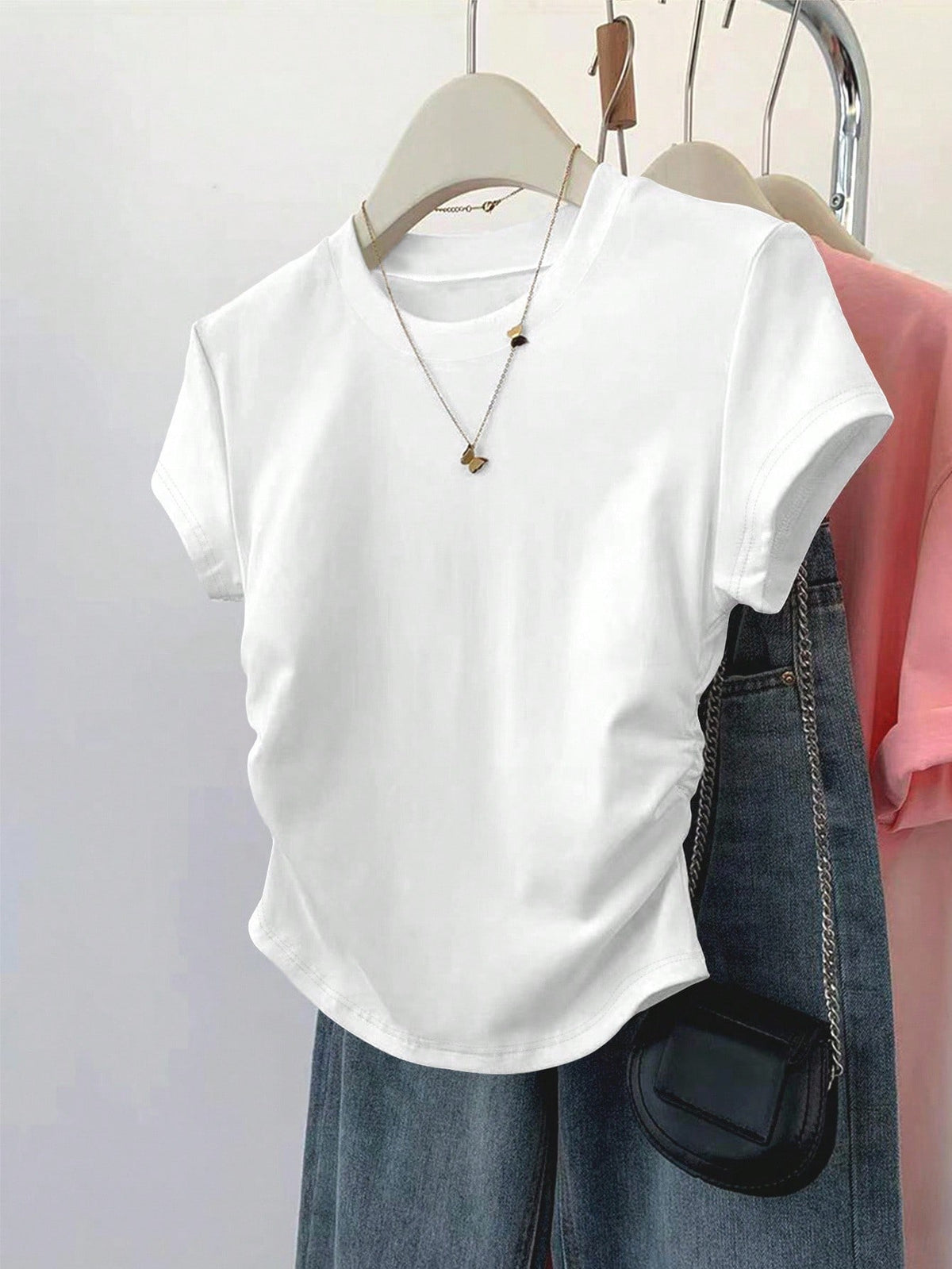 Resyla 5pcs/Set Women's Casual Waist Ruched Short Sleeve T-Shirts, Summer Design For Any Occasion,White And Brown,Burgundy,Black,Gray,Outdoor Wear