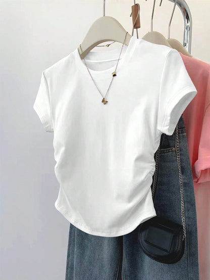 Resyla 5pcs/Set Women's Casual Waist Ruched Short Sleeve T-Shirts, Summer Design For Any Occasion,White And Brown,Burgundy,Black,Gray,Outdoor Wear