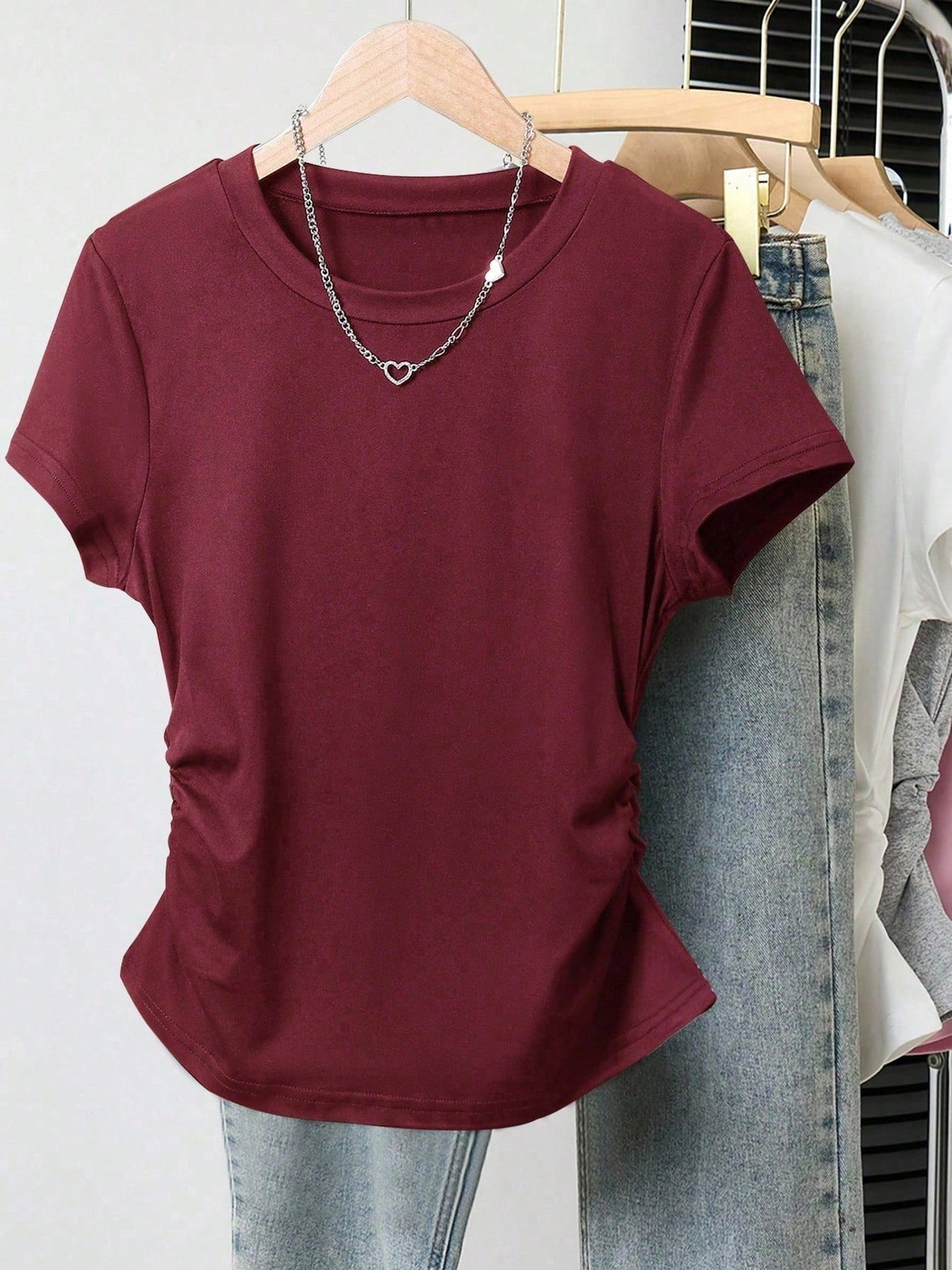 Resyla 5pcs/Set Women's Casual Waist Ruched Short Sleeve T-Shirts, Summer Design For Any Occasion,White And Brown,Burgundy,Black,Gray,Outdoor Wear