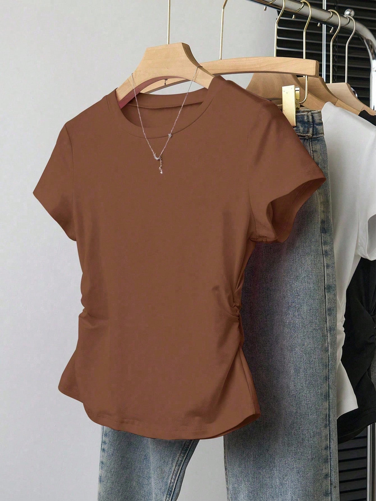Resyla 5pcs/Set Women's Casual Waist Ruched Short Sleeve T-Shirts, Summer Design For Any Occasion,White And Brown,Burgundy,Black,Gray,Outdoor Wear