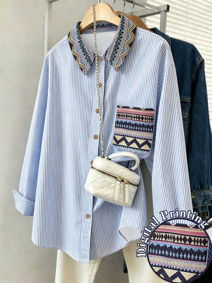 Resyla French Retro Blue And White Stripe Bohemian Contrasting Decorative Striped Shirt,Loose Slim Summer Boho Holiday Vacation Holiday Casual Spring Styles