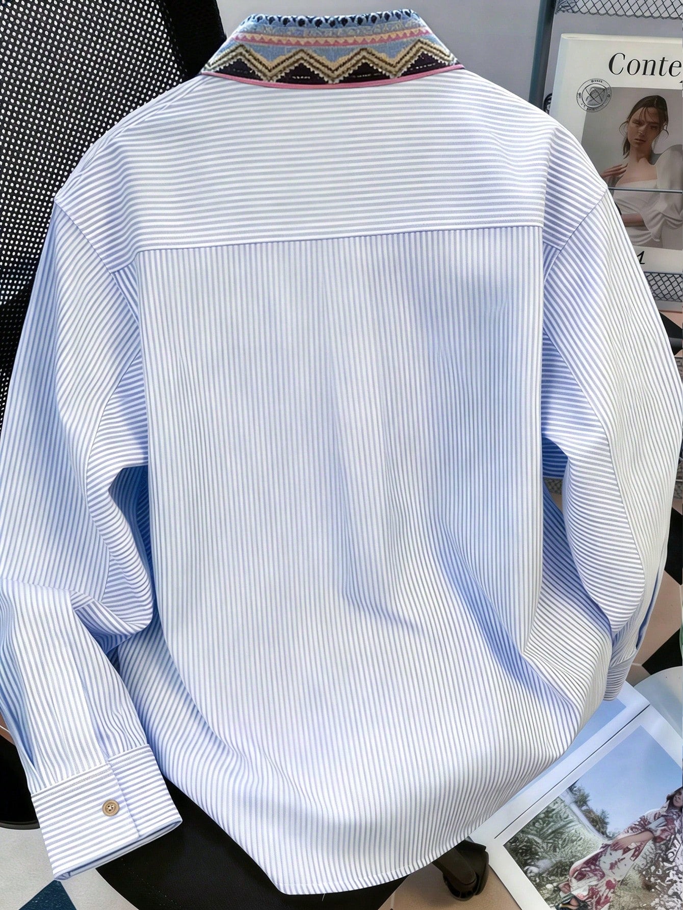 Resyla French Retro Blue And White Stripe Bohemian Contrasting Decorative Striped Shirt,Loose Slim Summer Boho Holiday Vacation Holiday Casual Spring Styles