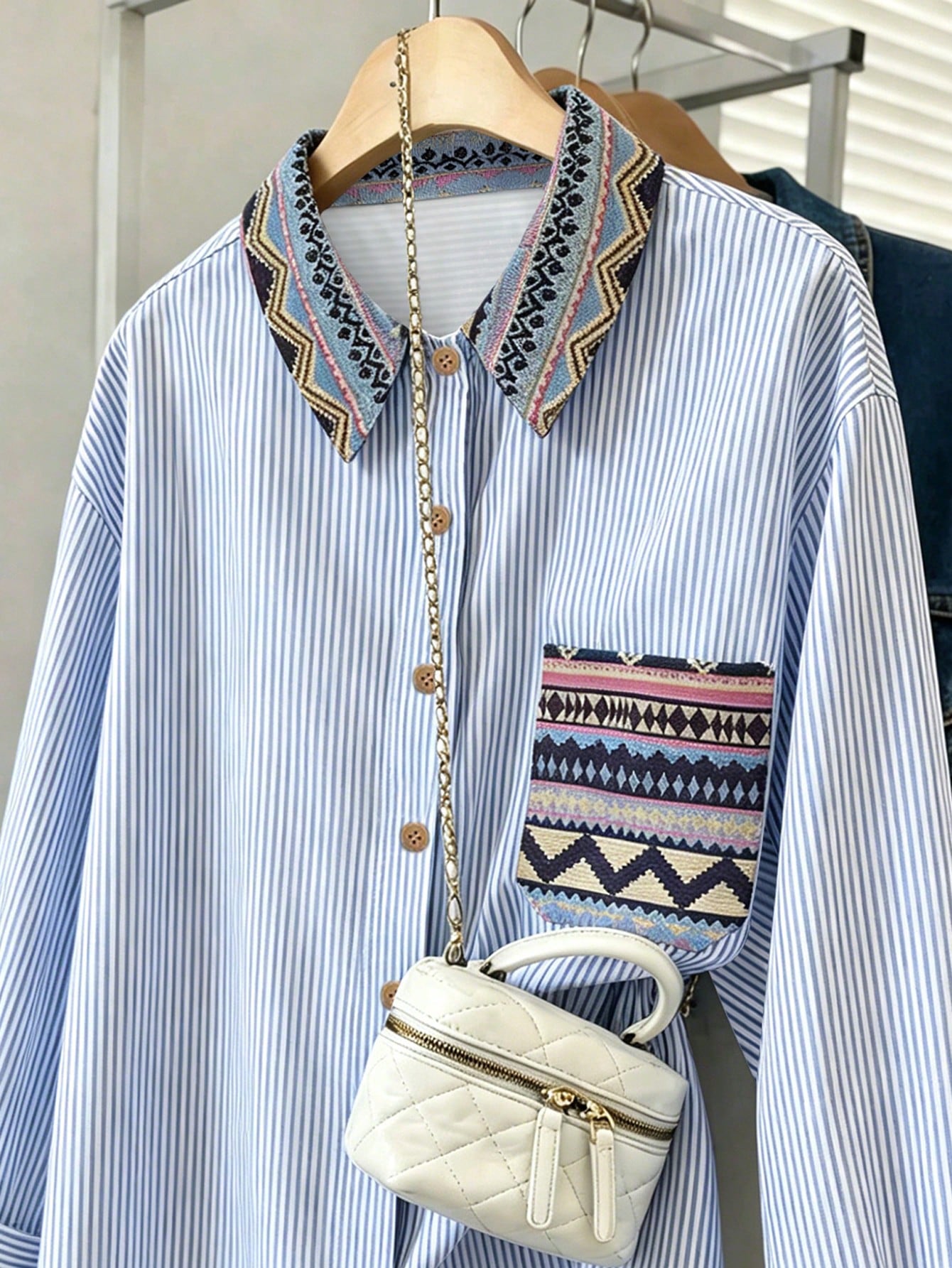 Resyla French Retro Blue And White Stripe Bohemian Contrasting Decorative Striped Shirt,Loose Slim Summer Boho Holiday Vacation Holiday Casual Spring Styles