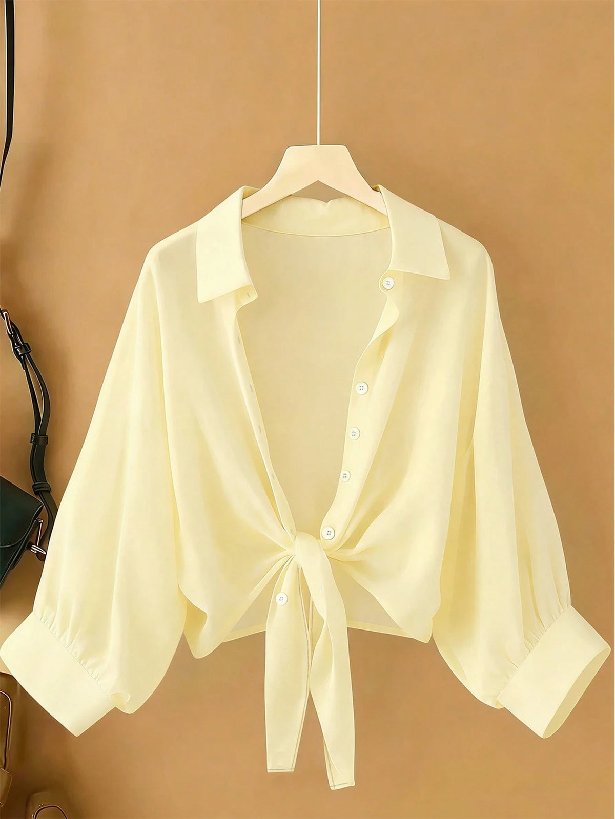 Resyla New Bat Wing Short Casual Chiffon Shawl Collar Solid Color Blouse For Women