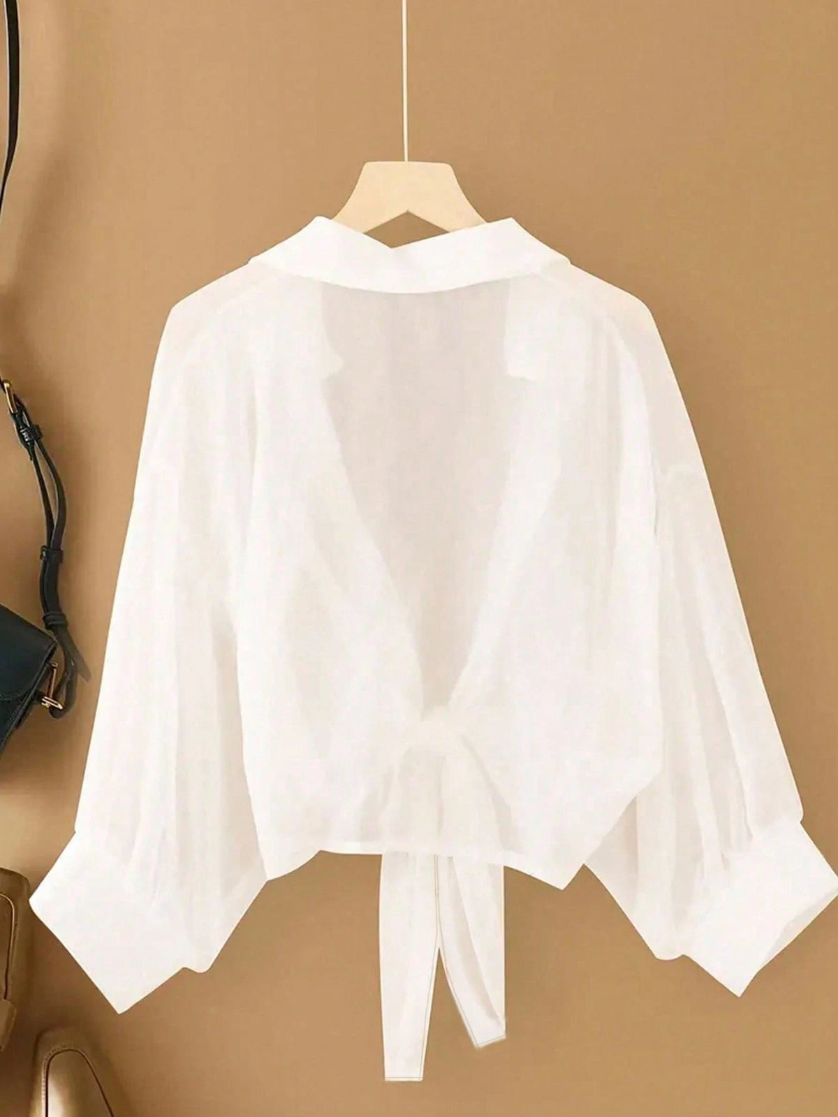 Resyla New Bat Wing Short Casual Chiffon Shawl Collar Solid Color Blouse For Women