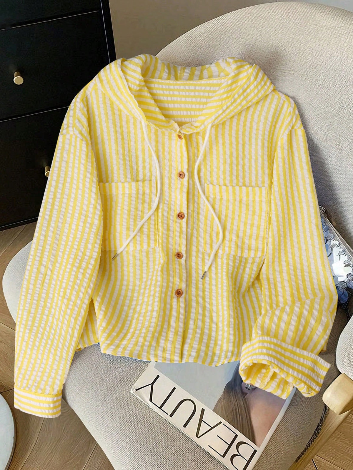 Resyla New Blue Striped Loose Hooded Shirt, Sun Protection