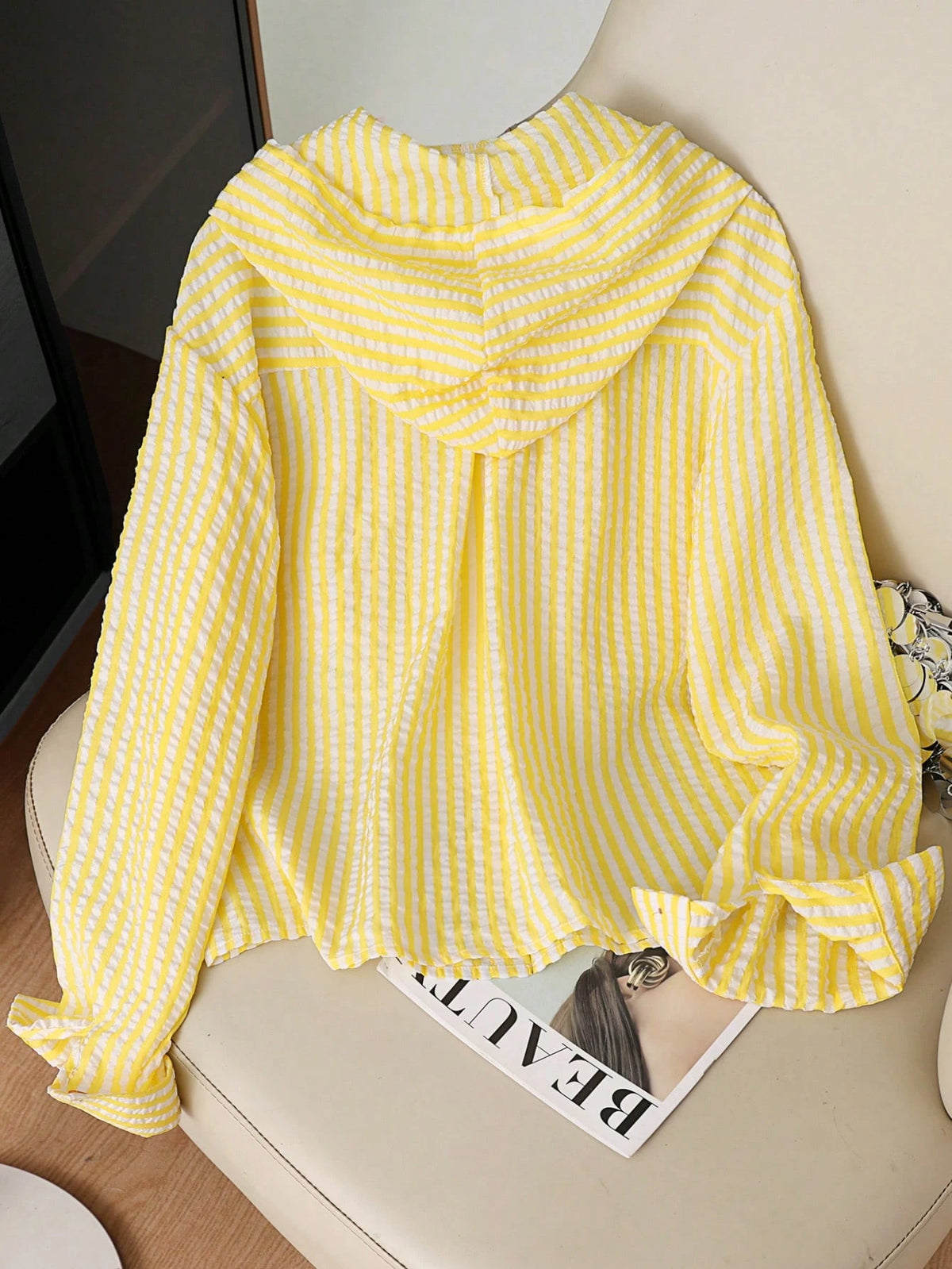 Resyla New Blue Striped Loose Hooded Shirt, Sun Protection