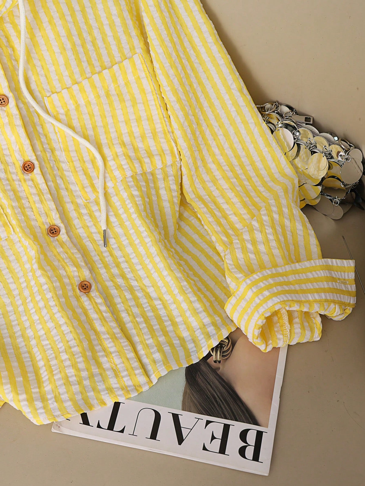 Resyla New Blue Striped Loose Hooded Shirt, Sun Protection