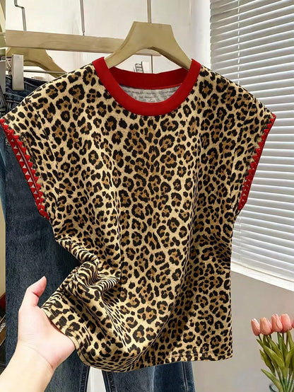 Resyla New Colorblock Leopard Print Short Sleeve T-Shirt, Spring/Summer Embroidered Apparel