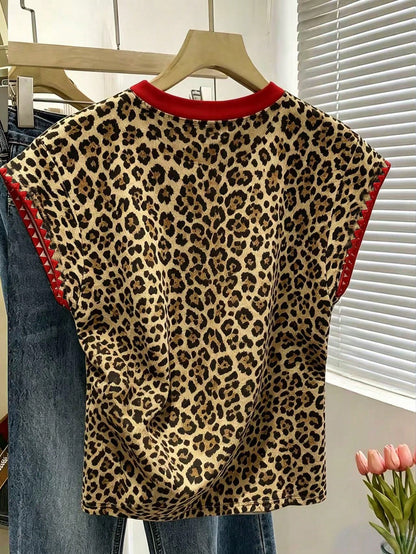 Resyla New Colorblock Leopard Print Short Sleeve T-Shirt, Spring/Summer Embroidered Apparel