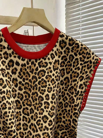 Resyla New Colorblock Leopard Print Short Sleeve T-Shirt, Spring/Summer Embroidered Apparel
