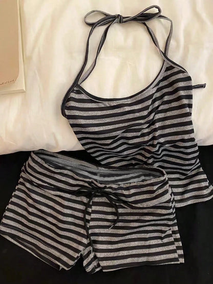 Resyla New Striped Tie Spaghetti Strap Crop Top And Shorts 2 Pieces Set, Casual Sexy Slim Fit